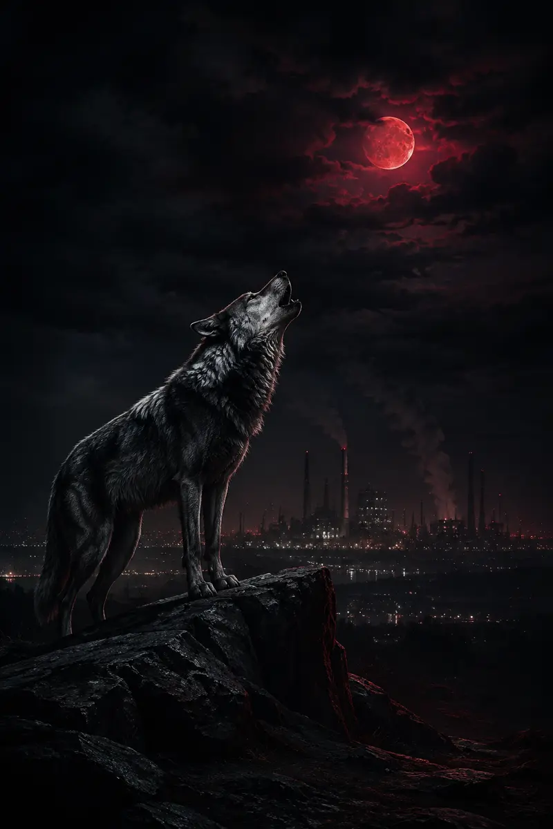 Wolfsgrafik in einer dunklen roten Landschaft